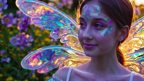 Ethereal woman wearing fairy inspired makeup and shimmering wings standing amid blooming wildflowers during golden hour sunlight, embodying mystical fantasy aesthetic
