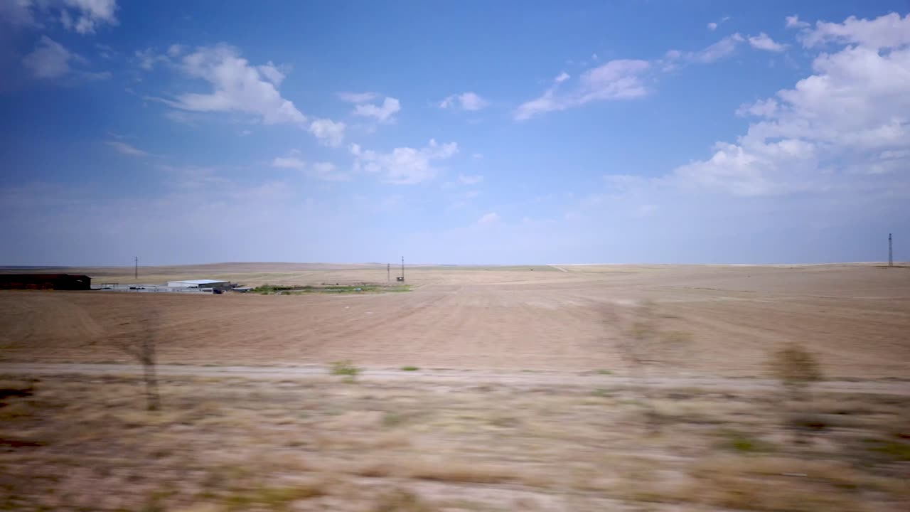A lone tree breaks the vast desert horizon, seen from a bus on the Ankara-Konya route