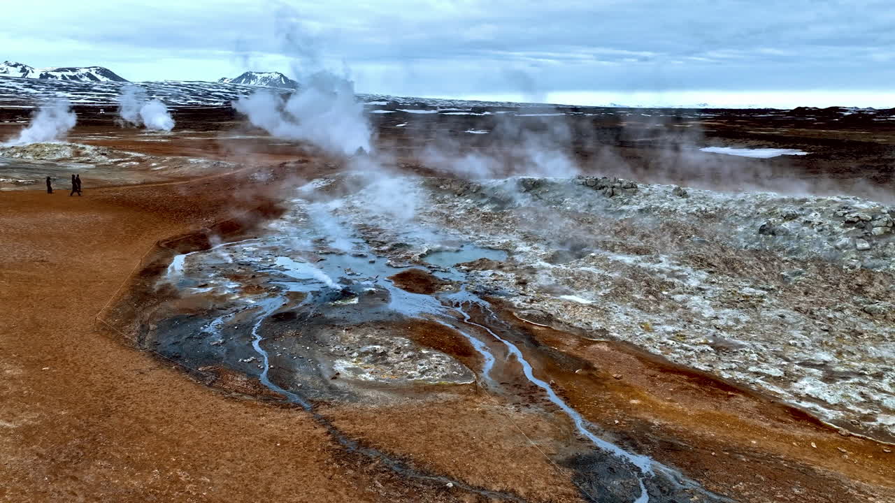 Aerial view of a group of tourists watching smoking fissures in Hverir, Iceland