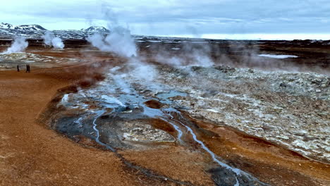 aerial view of a group of tourists watching smoking fissures in hverir, iceland