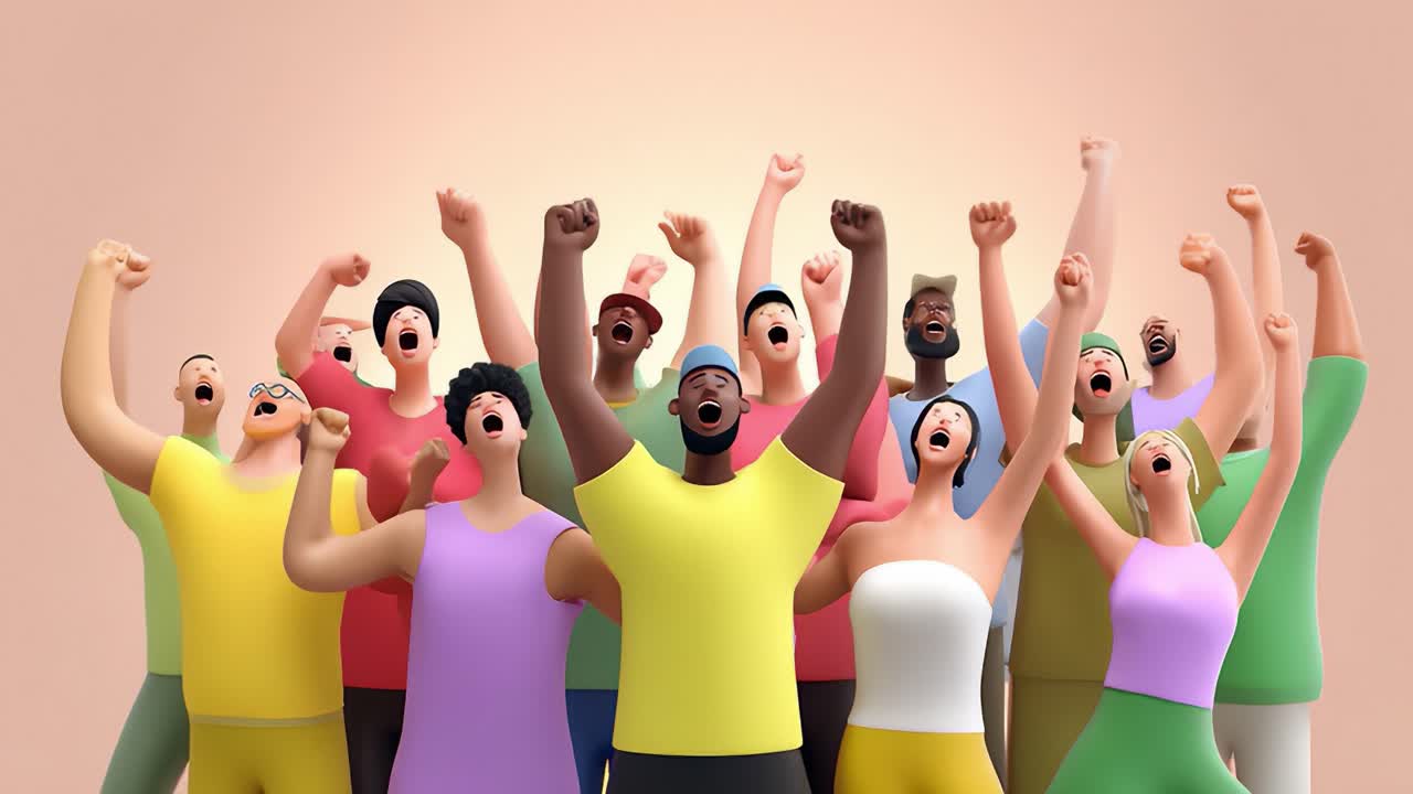 A Vibrant Crowd of Diverse Animated Characters Cheering Together with Their Hands Raised in Celebration, Expressing Unity, Joy, and Enthusiasm in a Colorful and Engaging Scene