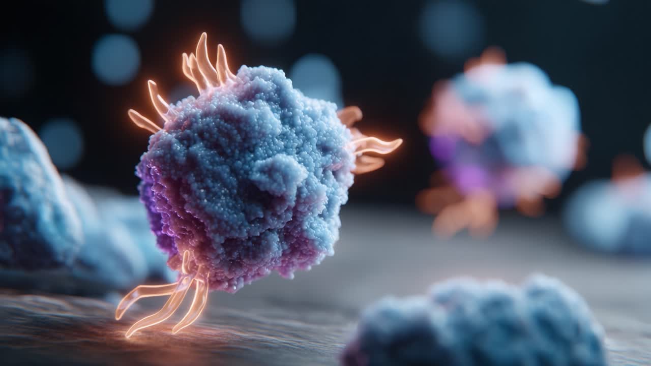 Microscopic View of Colorful Cells with Neon Highlights, Showcasing Intricate Details and Dynamic Movement within a Biological Environment