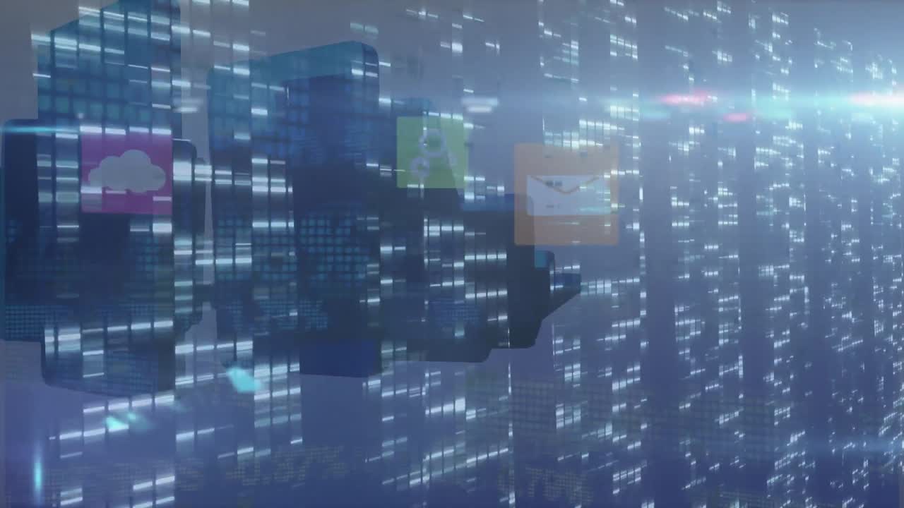 Animation of financial data processing over digital icons