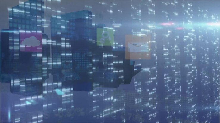 Animation of financial data processing over digital icons