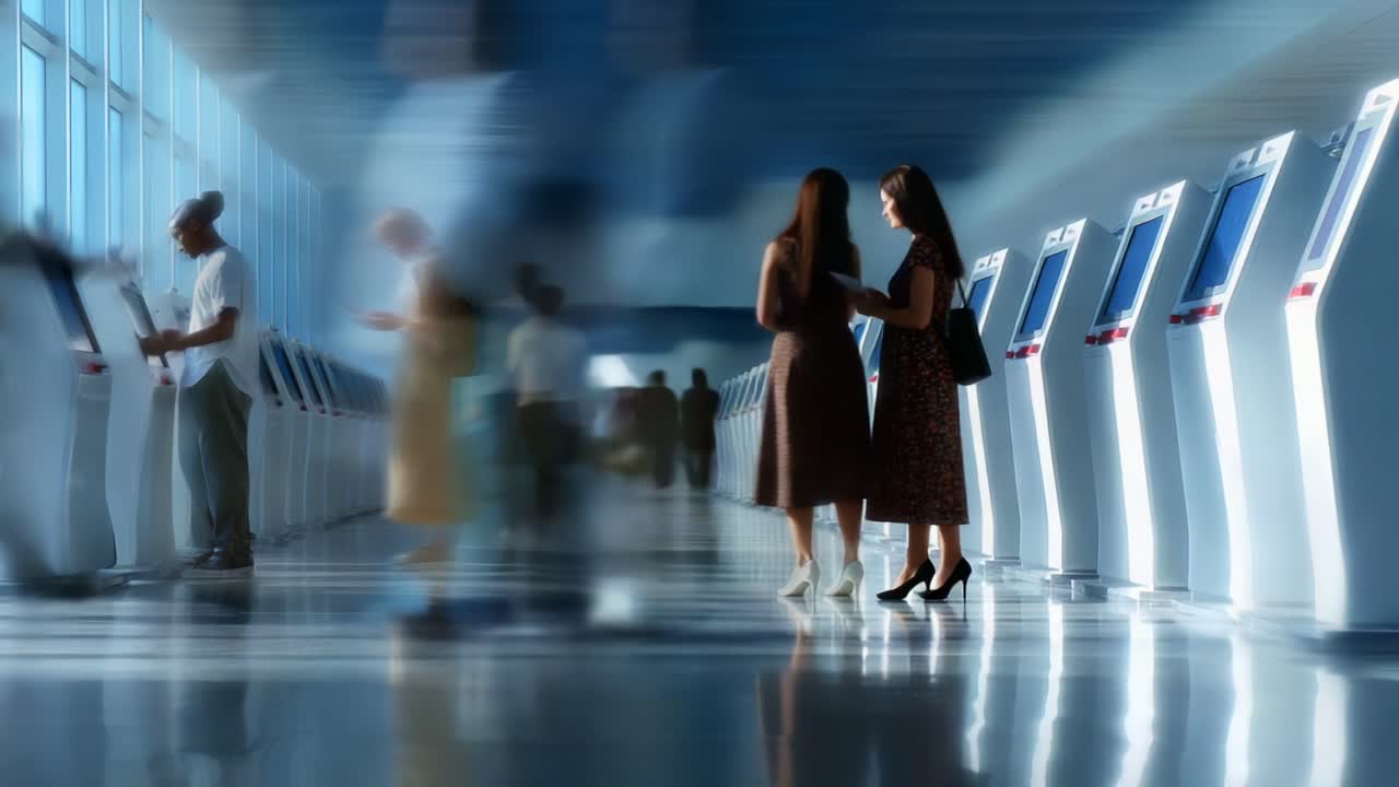 A Busy Airport Terminal Scene Showcasing Travelers Interacting with Self-Service Kiosks Amidst a Background of Blurred Movement and Dynamic Lighting Effects