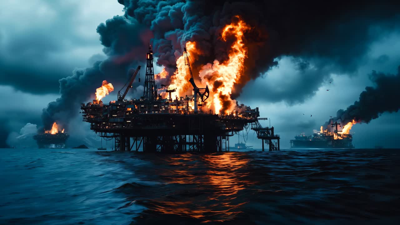 una plataforma petrolera en el medio del océano con mucho humo saliendo de ella