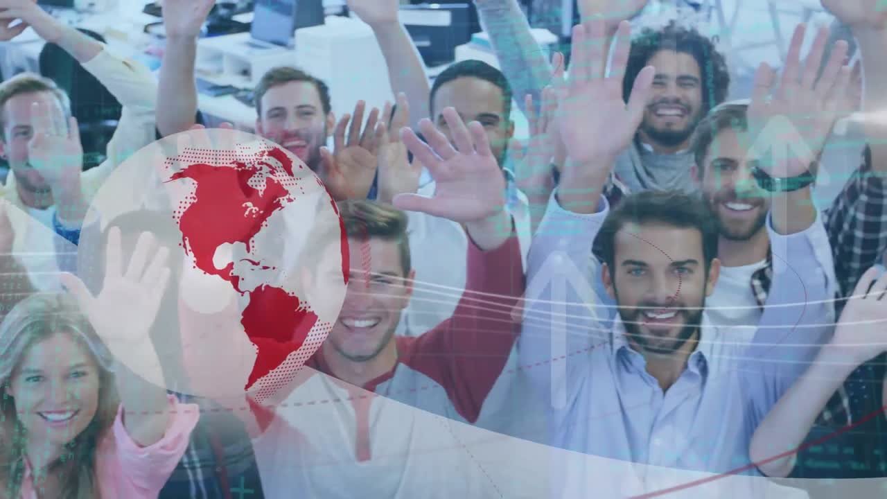 미소 짓는 비즈니스 동료 위에 지구와 화살표의 애니메이션