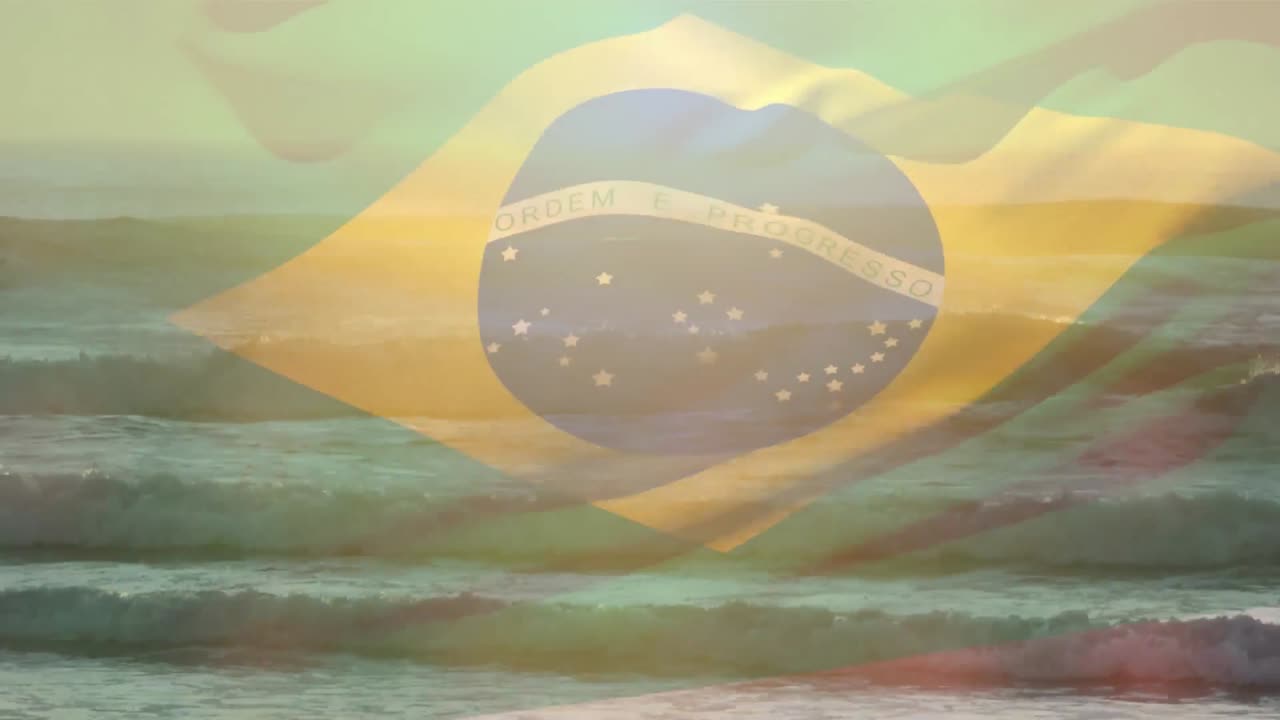 海の波の上でたなびくブラジル国旗のアニメーション
