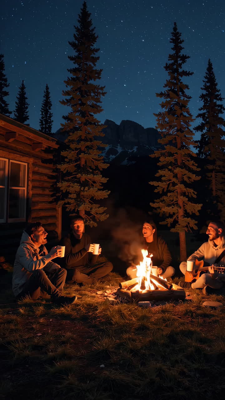 친구 들 이 밤 에 캠프 불 을 즐기고 있다
