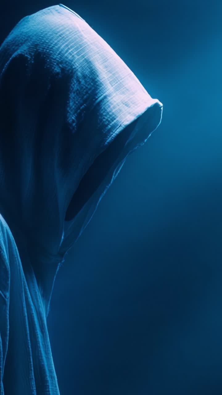 Uma Figura Misteriosa com Capa com Capuz: Uma Presença Enigmática Banhada em Luz Azul Etérea, Capturando a Essência do Mistério e da Intriga.