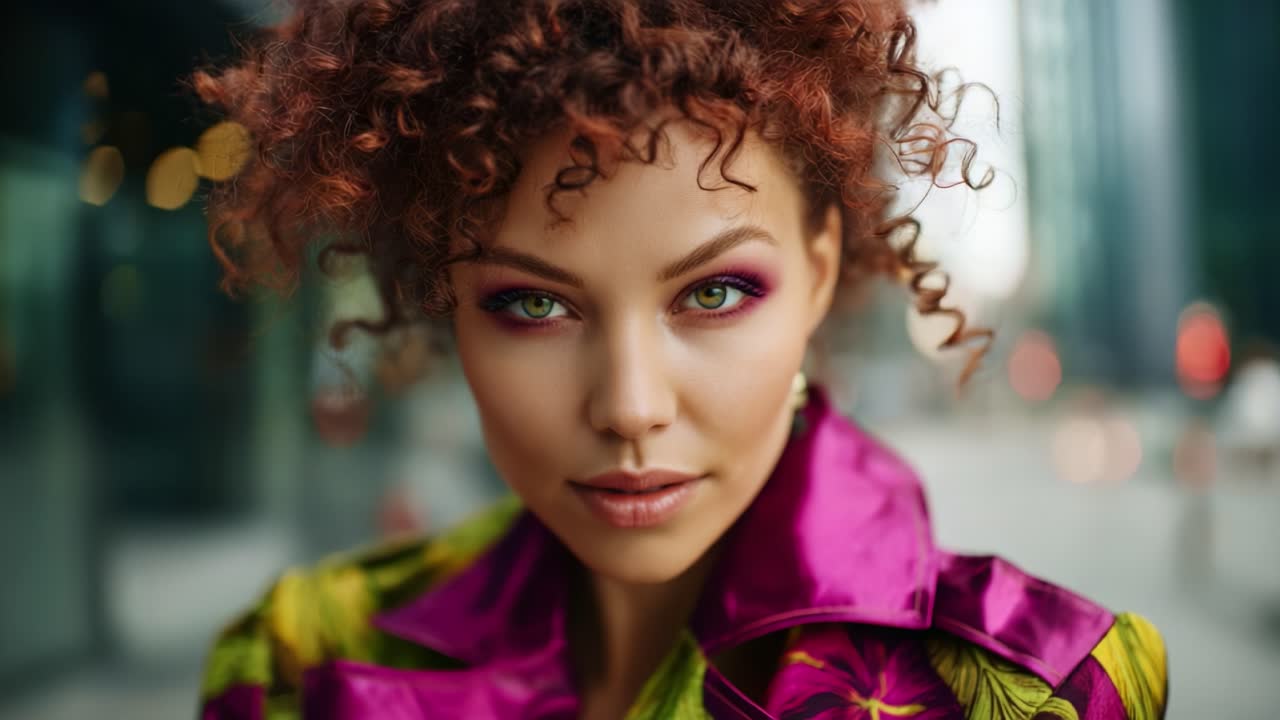 A Stylish Portrait of a Woman with Curly Hair and Vibrant Makeup, Showcasing Bold Colors and Urban Fashion Aesthetic Against a Modern City Backdrop