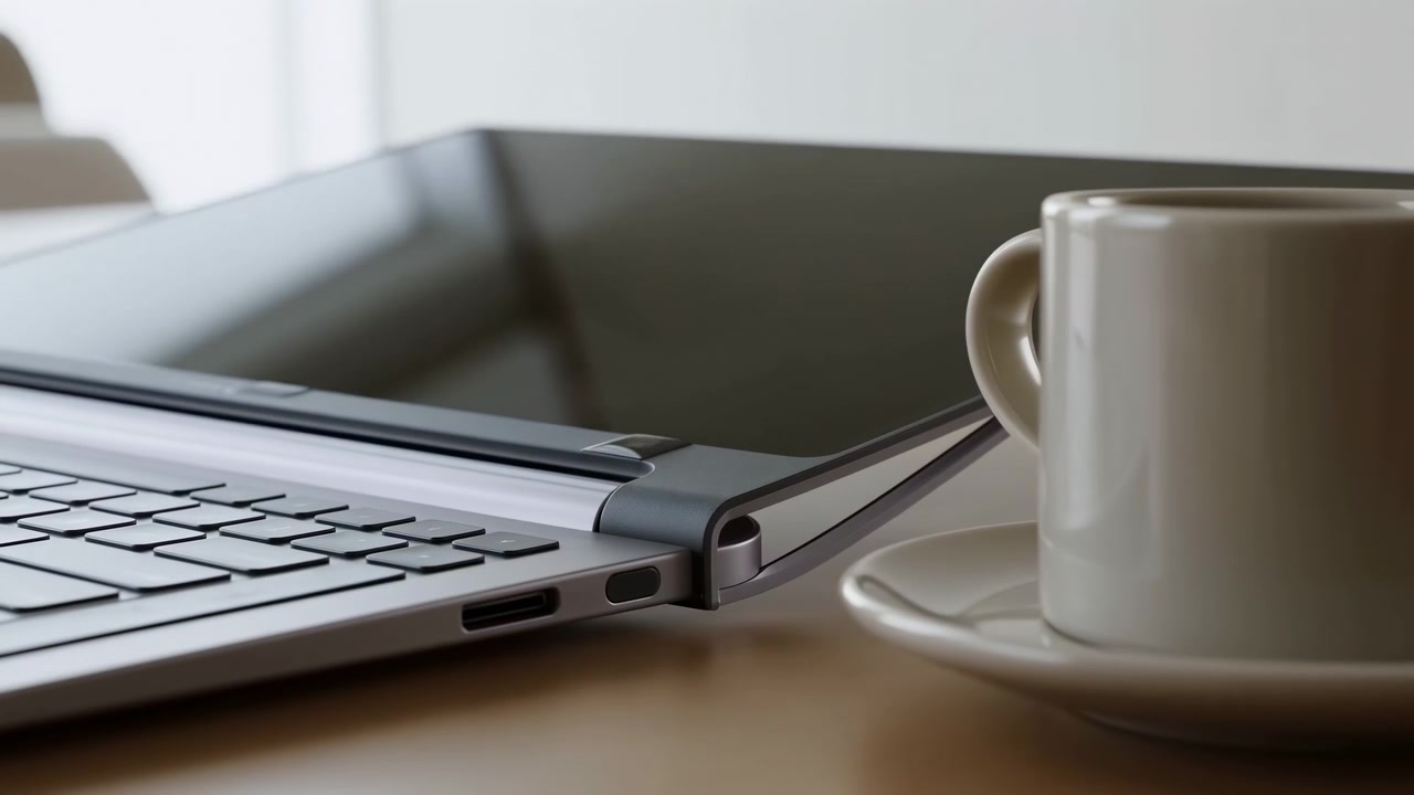 Close-up shows laptop lid moving toward closed position beside ceramic cup and saucer on wooden desk, with soft natural light, shallow depth of field, and clean modern workspace feel