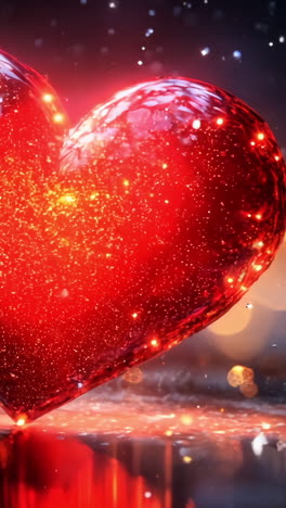 A heart with glitter on it is on a dark background. The heart is surrounded by a blurry background, which gives the image a dreamy and romantic feel
