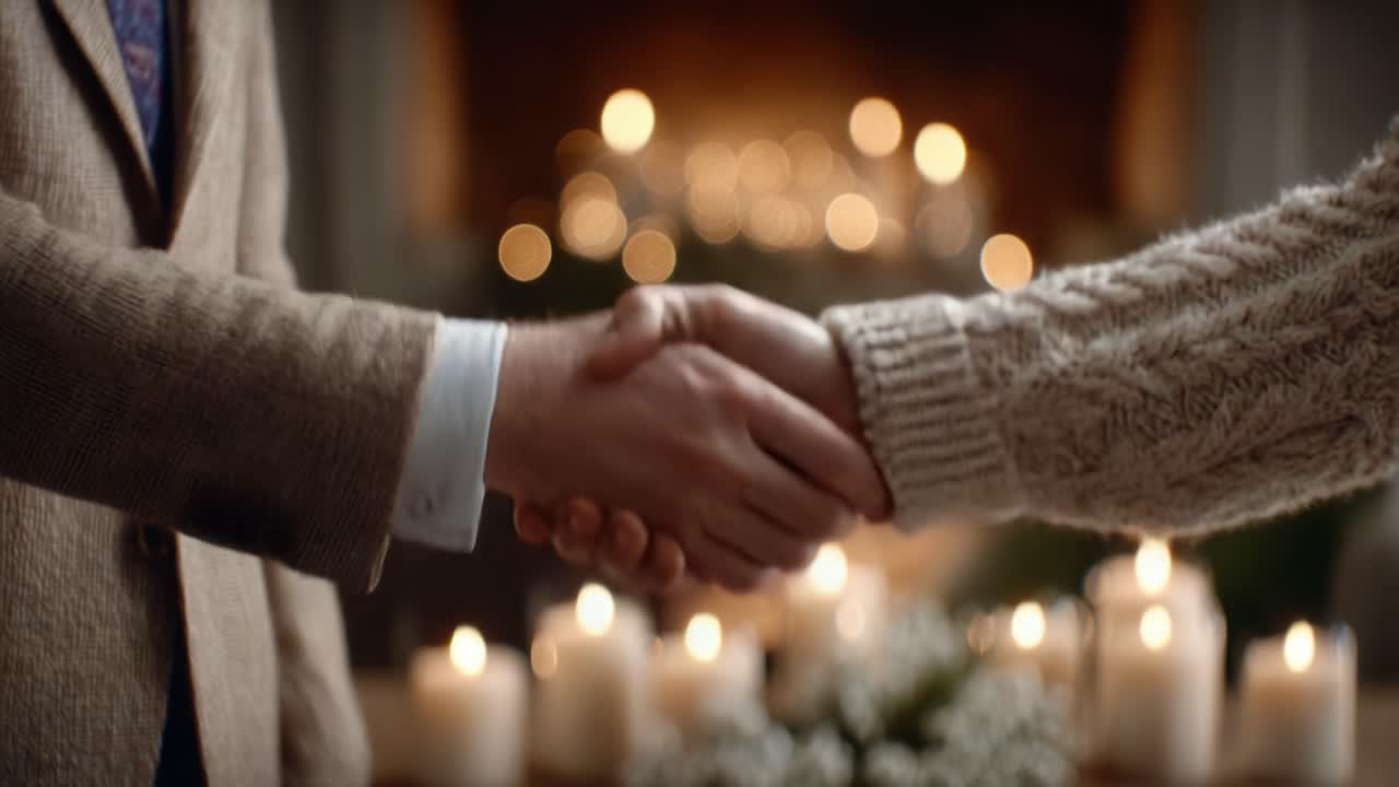 A Warm Handshake Exchange Amidst a Cozy Ambience and Flickering Candlelight, Symbolizing Trust, Connection, and New Beginnings