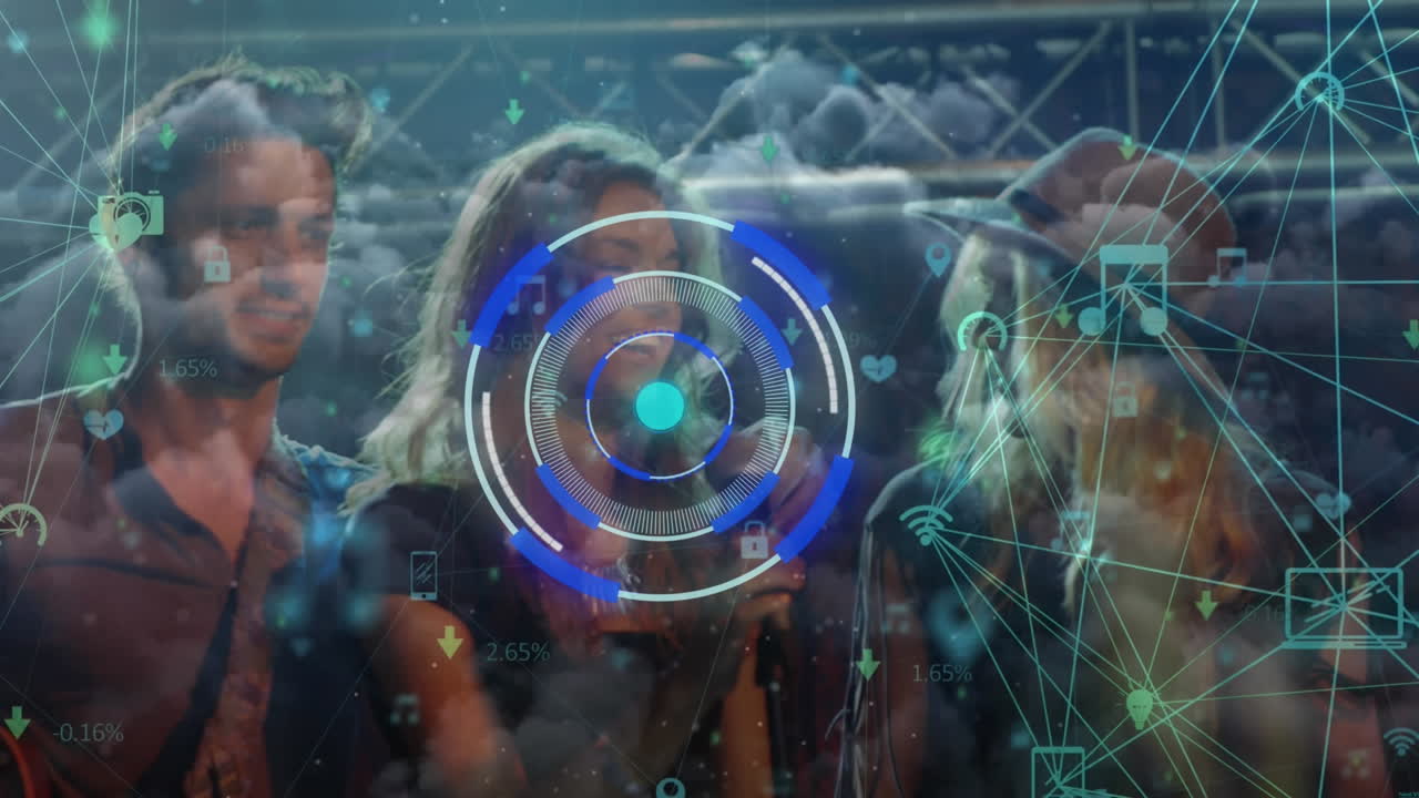 다양한 사람들에 대한 범위 스캐닝과 연결 네트워크의 애니메이션