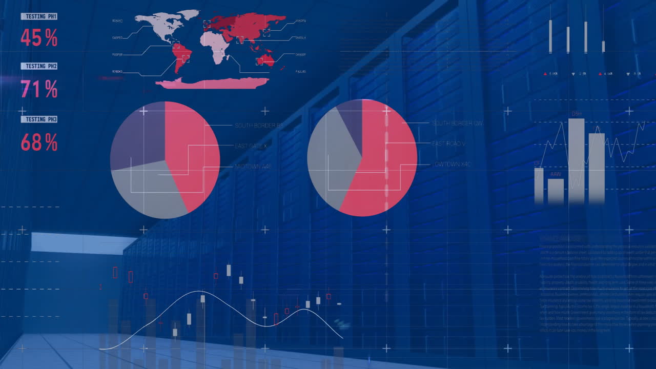 Animation of global map, pie charts, graphs in server room for data visualization