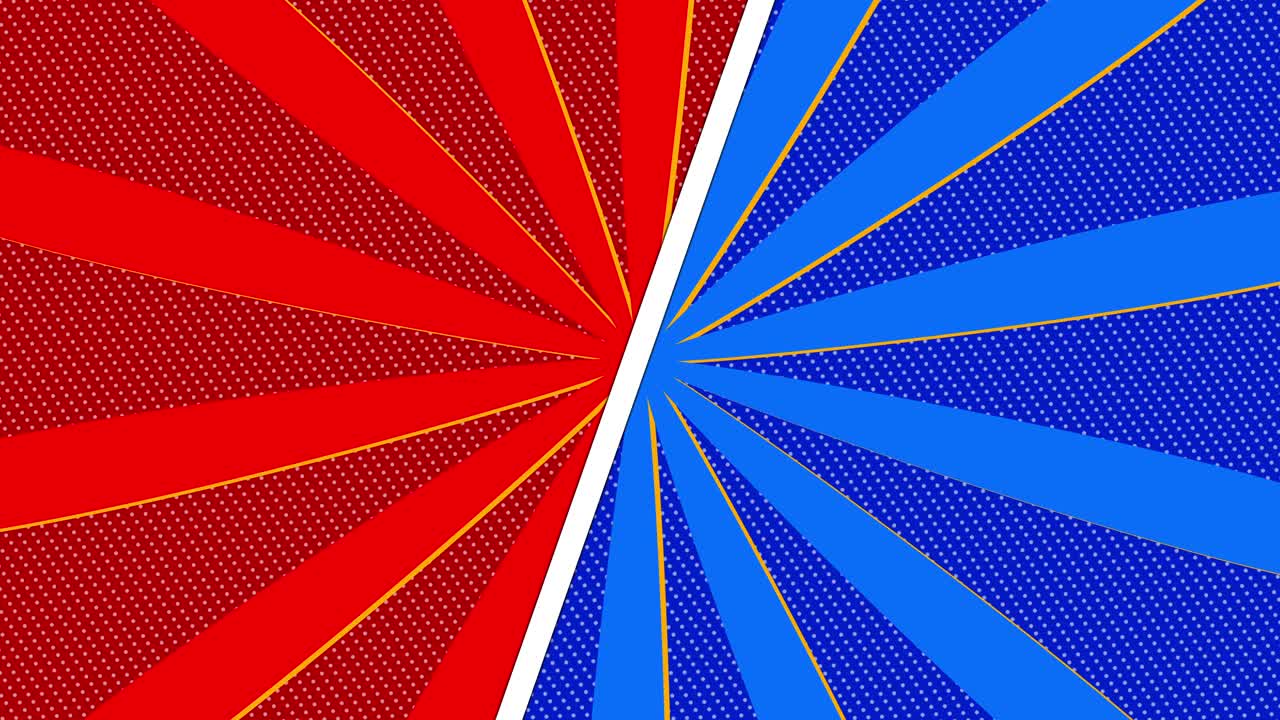 Animert tegneserieaktig popkunst bakgrunn med delt skjerm og røde og blå solstråler
