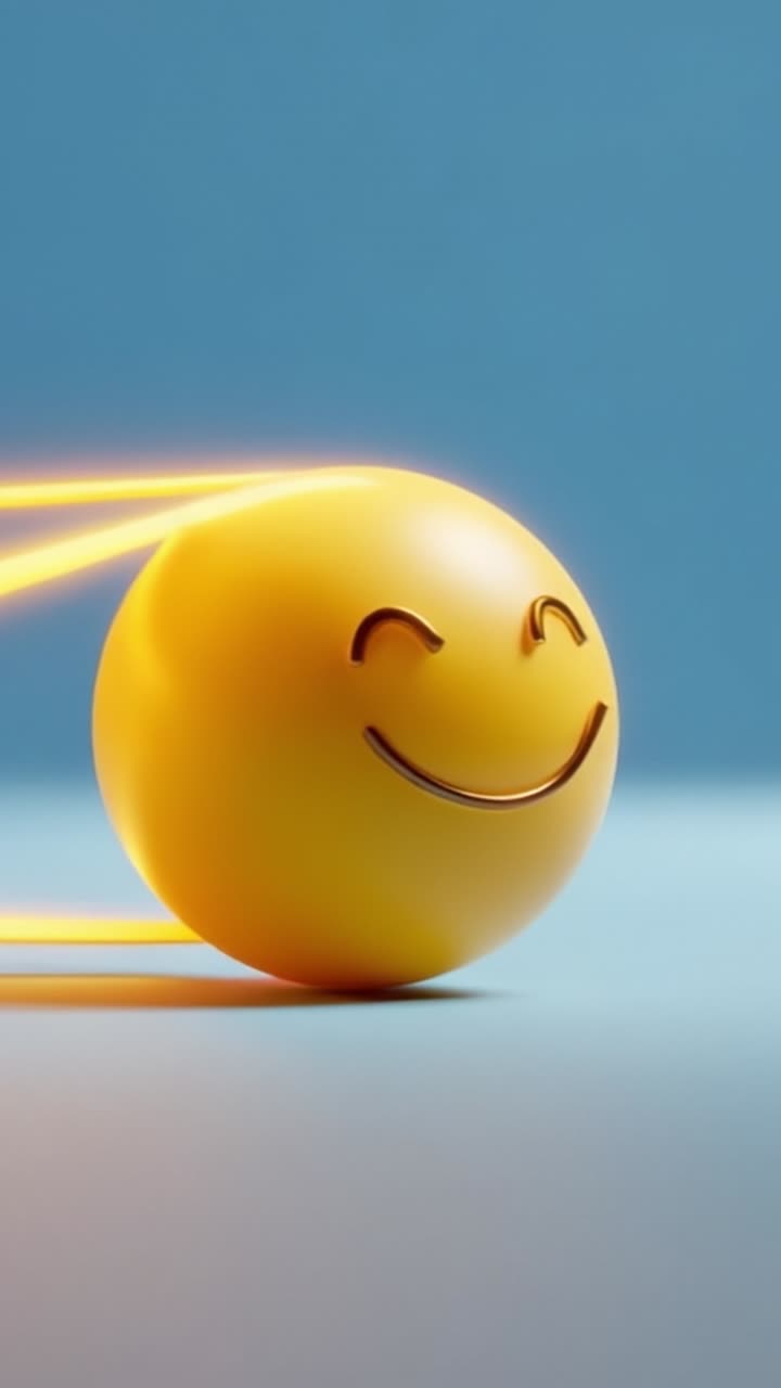 Una faccina sorridente gialla e allegra gira energicamente, irradiando felicità e gioia mentre lascia una scia di luce su uno sfondo blu vibrante