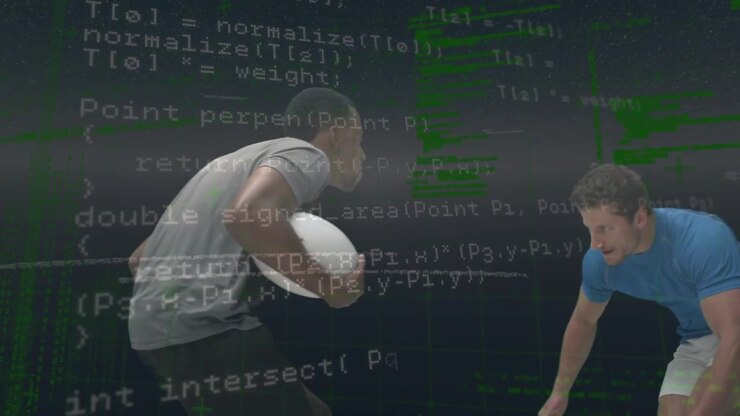 Animation of digital screen with data processing over diverse male rugby players
