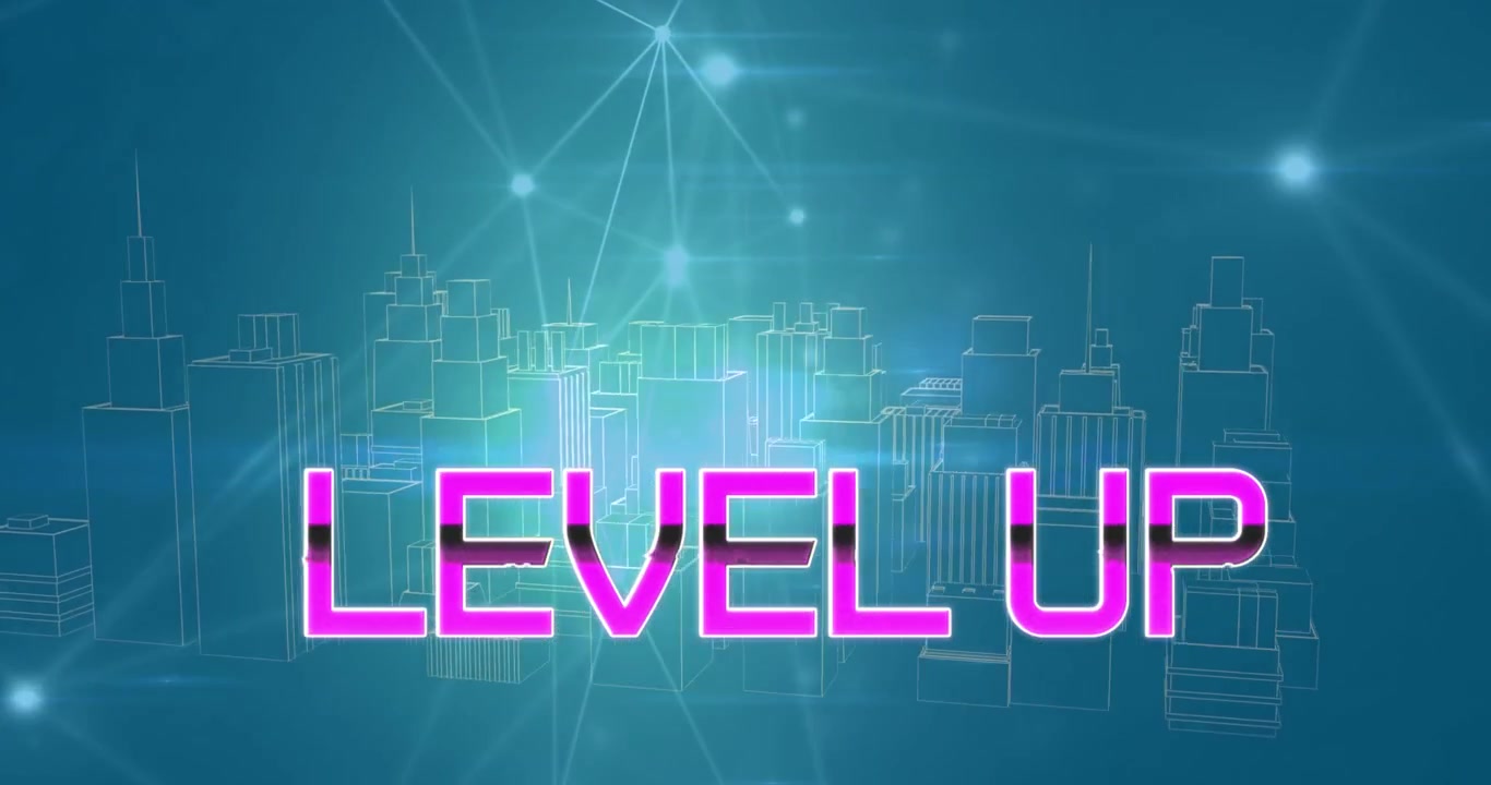 Animation of level up over metaverse city and green background