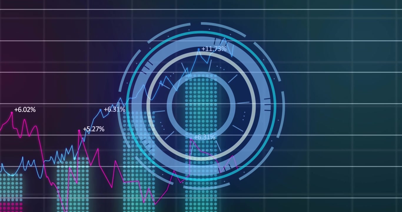 A stock market display with pink, blue, and green stock market tickers and graphs
