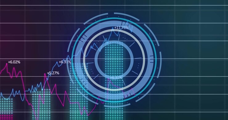 A stock market display with pink, blue, and green stock market tickers and graphs