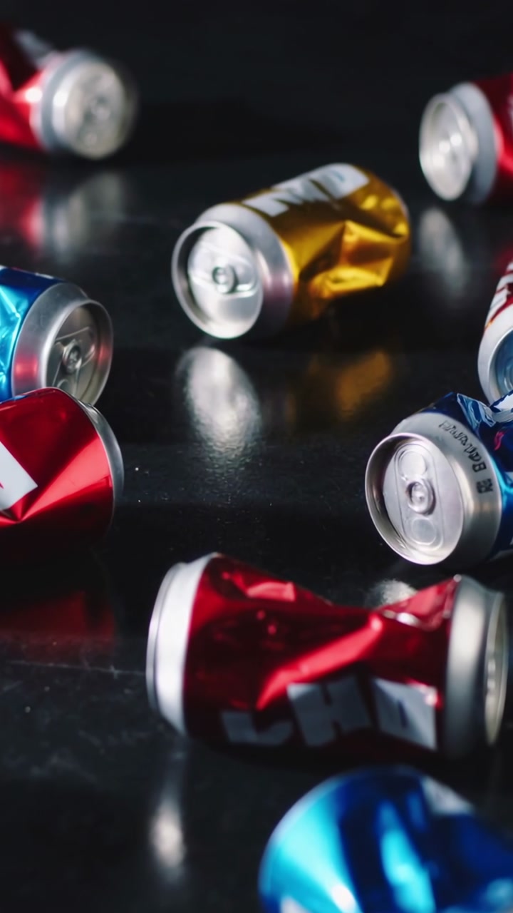 Vertical video: Pulling focus camera showing crushed cans on studio table for detail, gold red blue