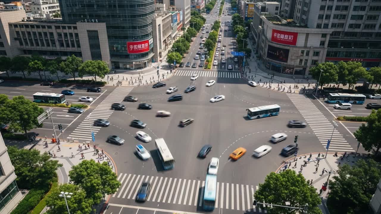 Busy City Intersection with Motion-Blurred Traffic from Aerial View