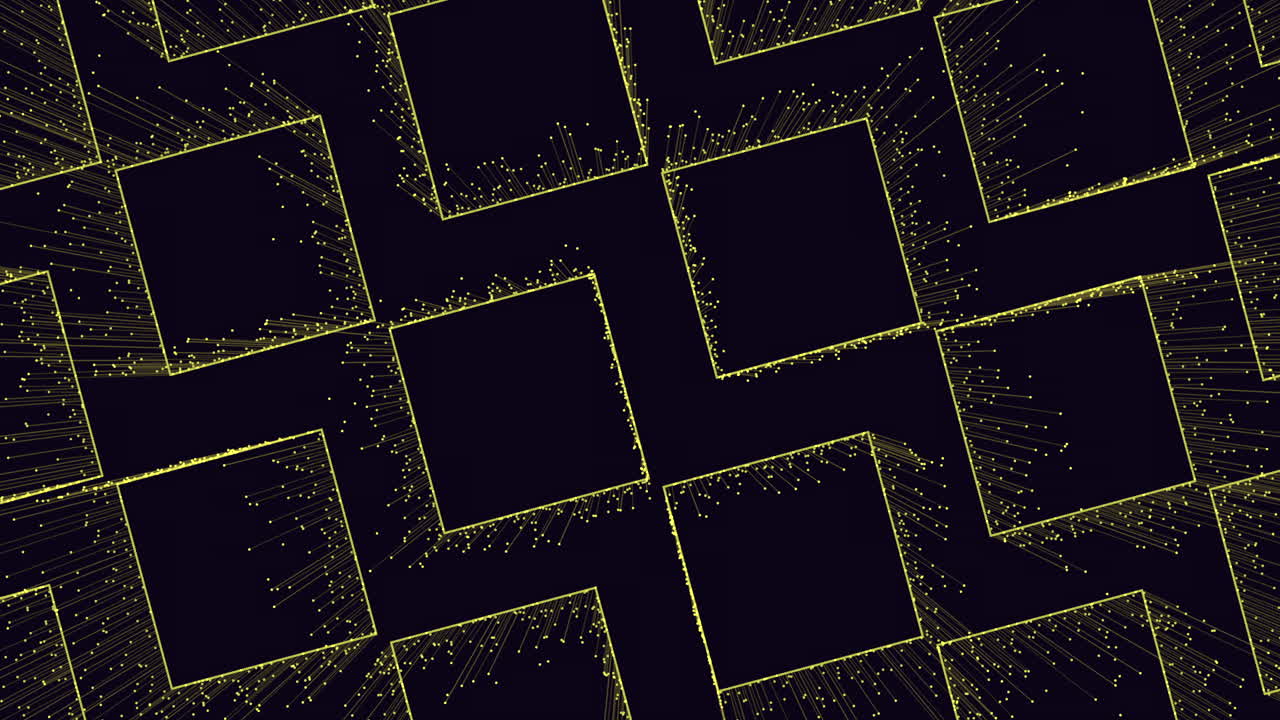 Futuristic technology footage with glowing square frames, particle sparks and circuit lines on dark background, ideal for digital network, AI, blockchain and data themes