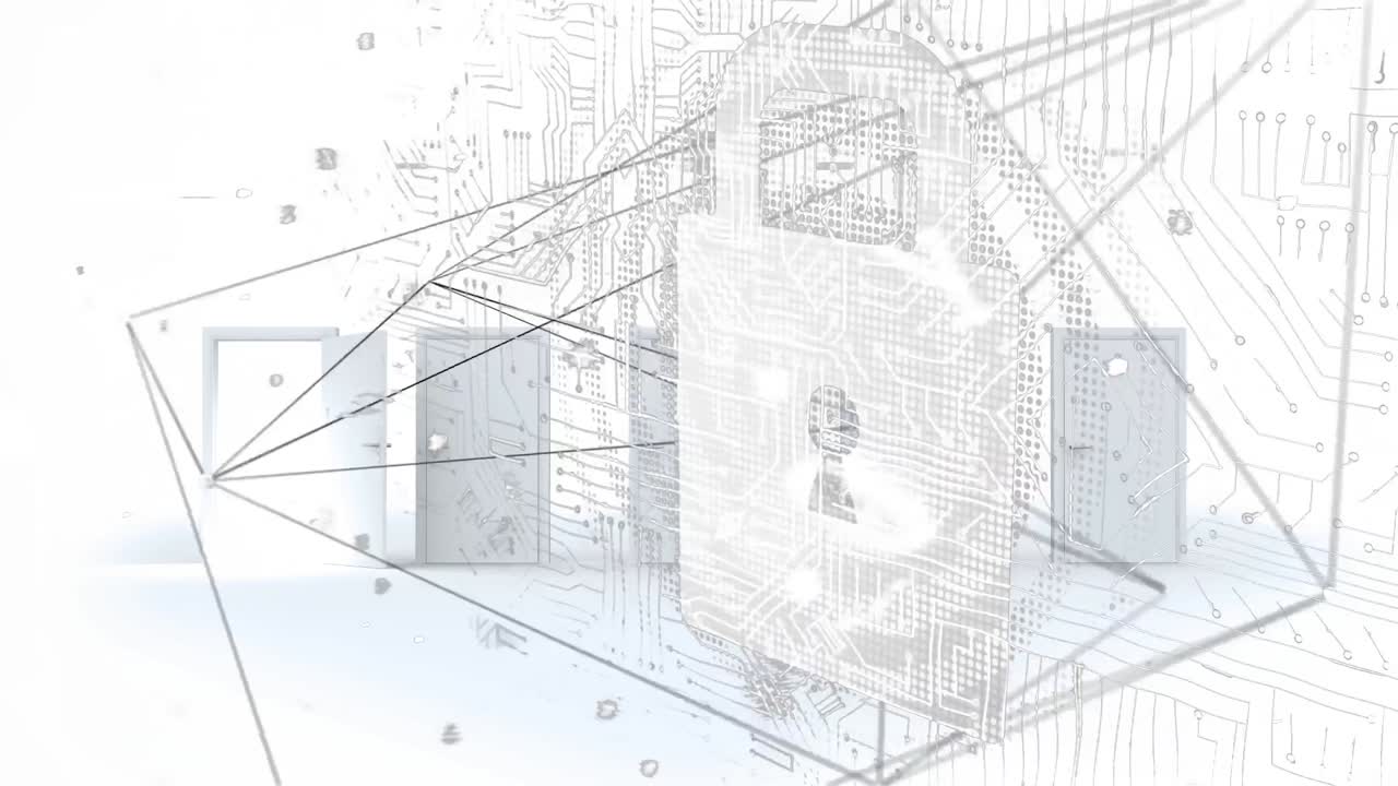 анимация фигур, серверов и цифрового замка на белом фоне