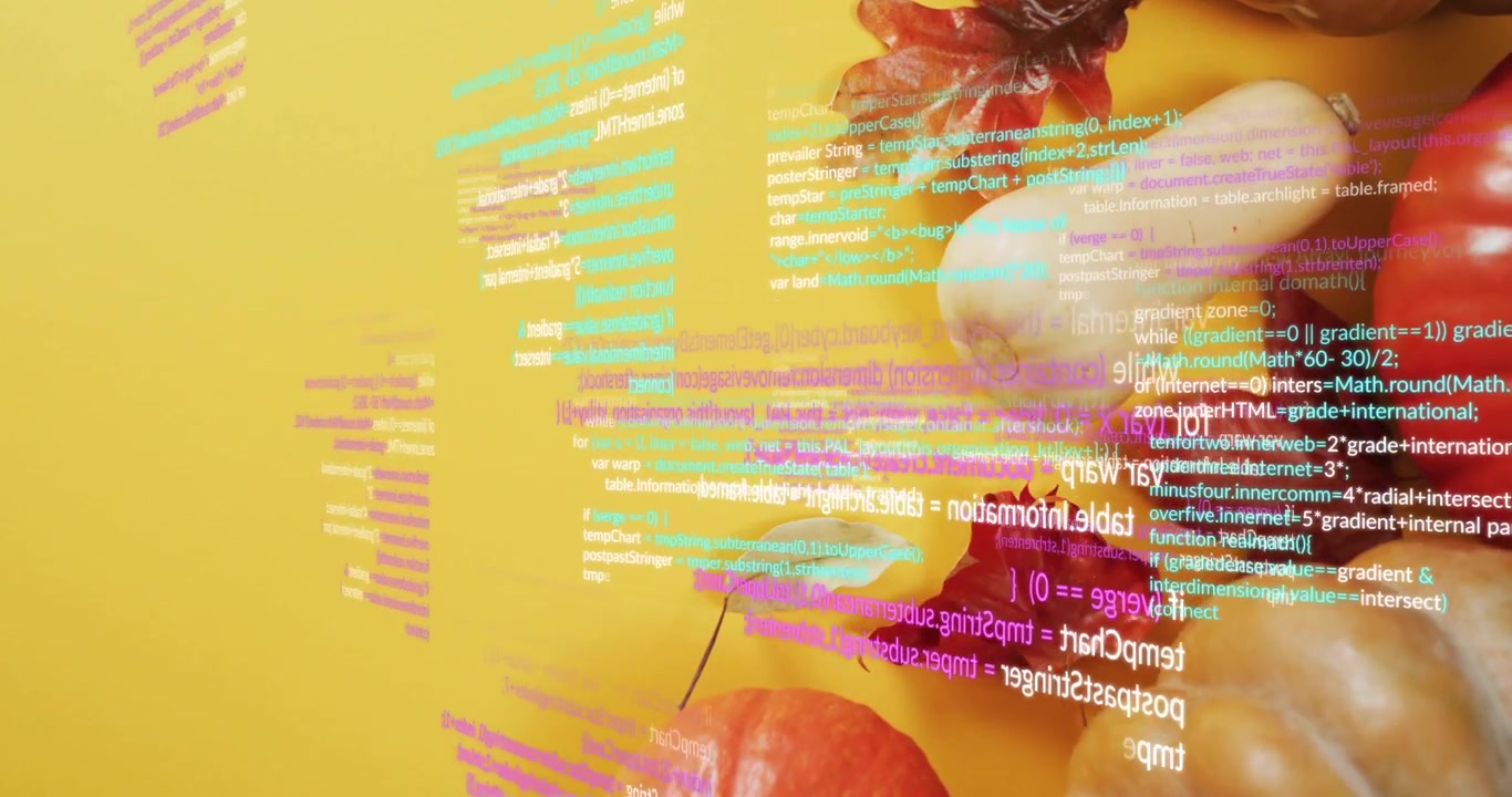 Code blocks emerging from left swirling layering scrolling over gourds visualizing digital overlay