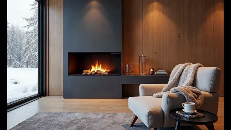 acogedora sala de estar moderna con chimenea y vista al invierno