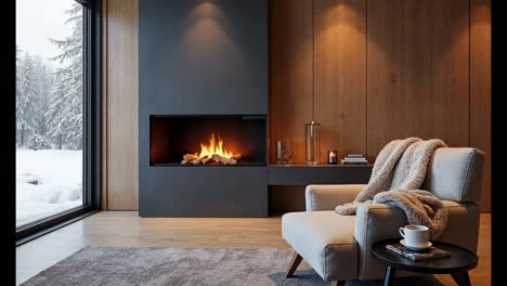 cozy modern living room with fireplace and winter view