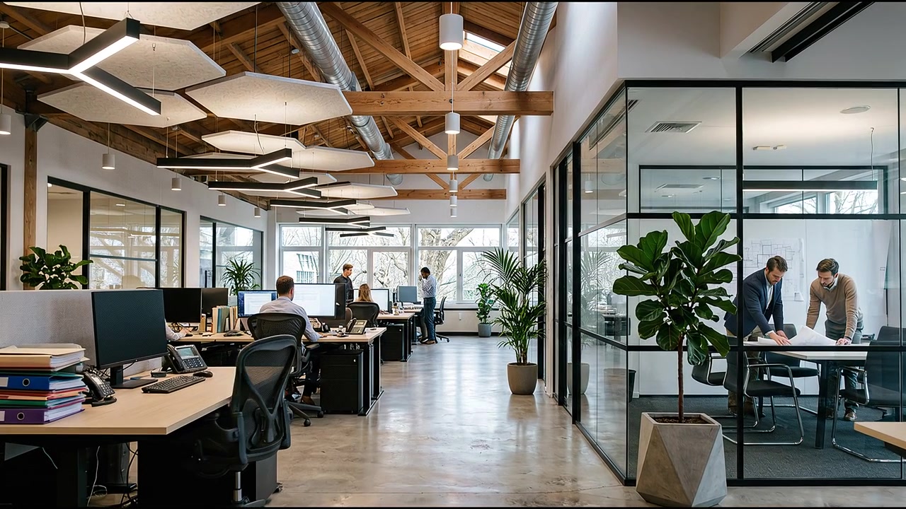 Spacious modern corporate office interior with employees working and discussing business projects
