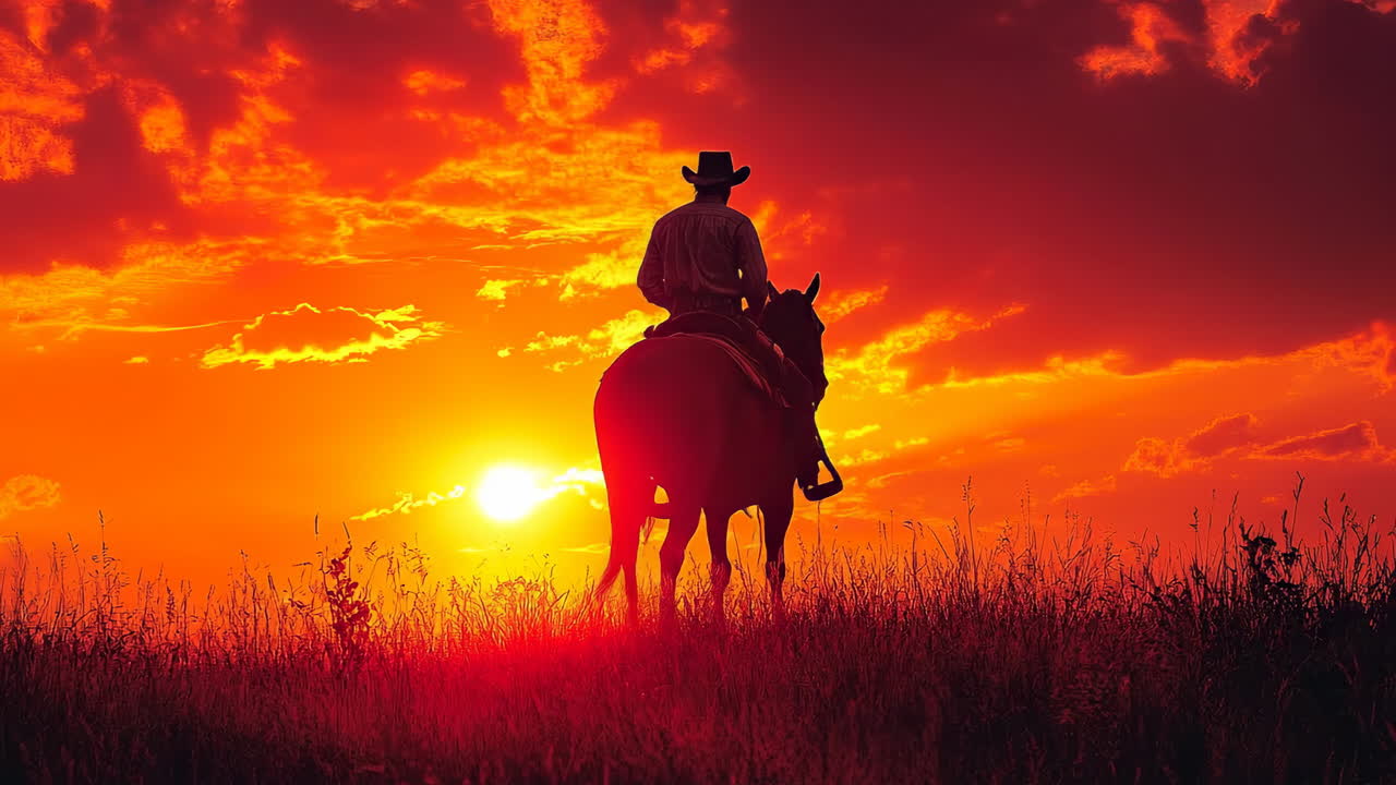 Cowboy riding horse at sunset in a field. A cowboy on horseback watches the vibrant sunset over a grassy field, creating a peaceful and scenic view