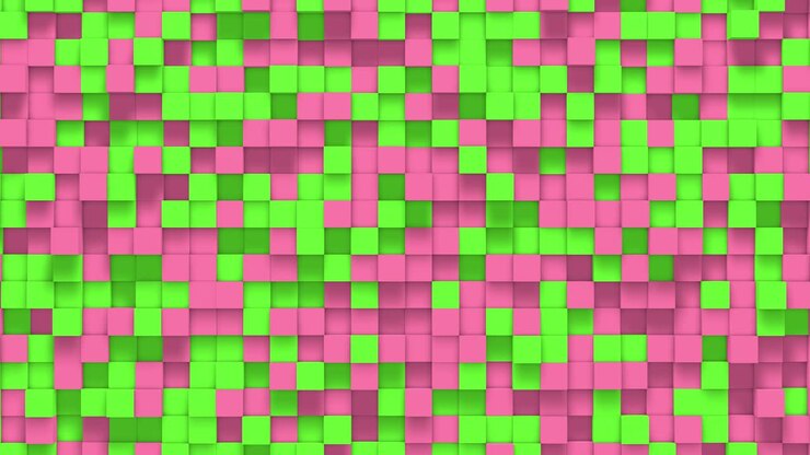 Green pink small box cube random geometric background. Abstract square pixel mosaic illustration. Land block background. Fantasy fractal design. Digital art. 3d animation loop of 4K