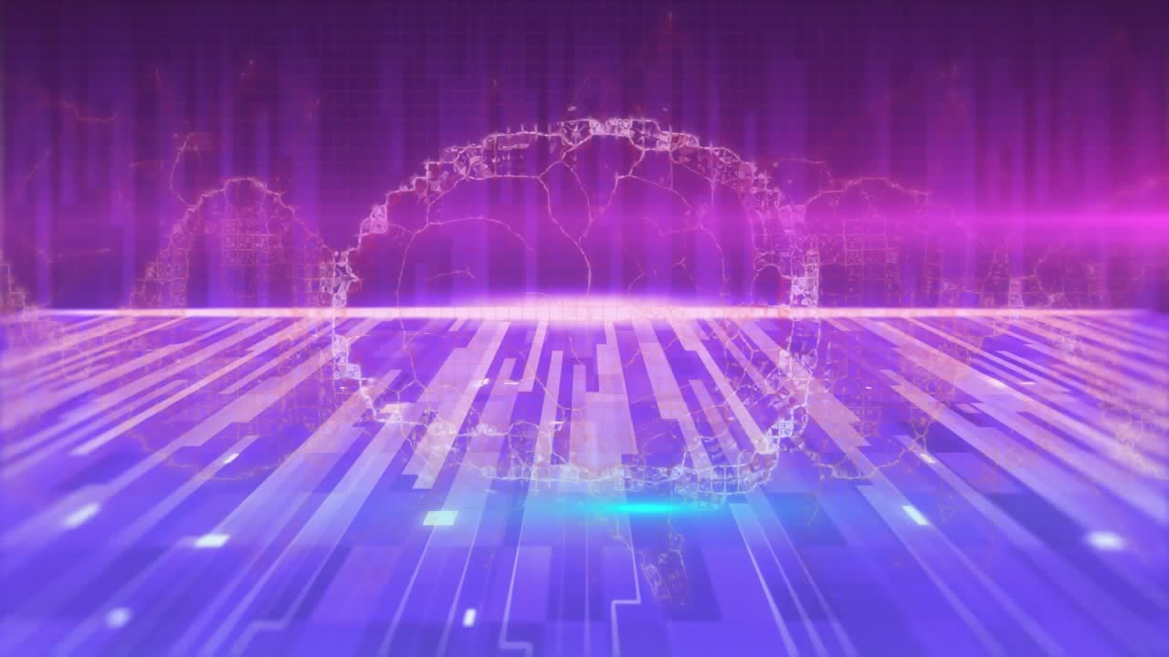 グリッド状の床に3つのワイヤーフレーム球体が現れ、脈動するノードを形成し、マゼンタの光線がデータを可視化する。