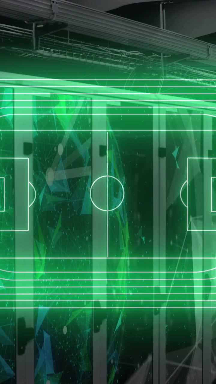 Animation of neon soccer field layout and network of connections against computer server room