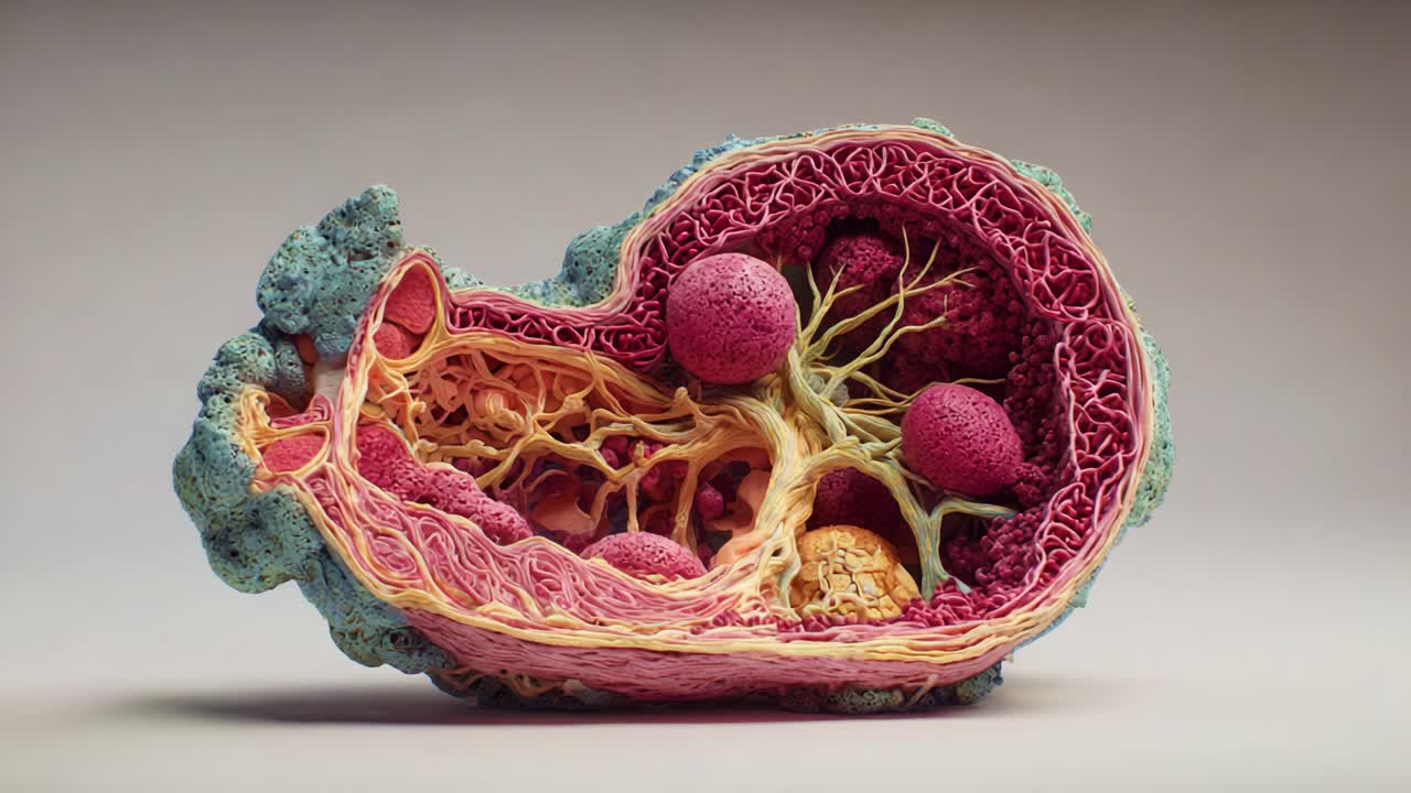 Intricate Cross-Section of a Biological Structure Displaying Complex Cellular Networks, Vividly Colored Zephyr Patterns, and Detailed Vascular Elements, Showcasing the Beauty of Microscopic Life