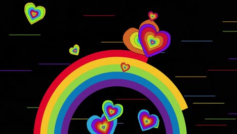 Animation-of-rainbow-hearts-over-rainbow-on-black-background