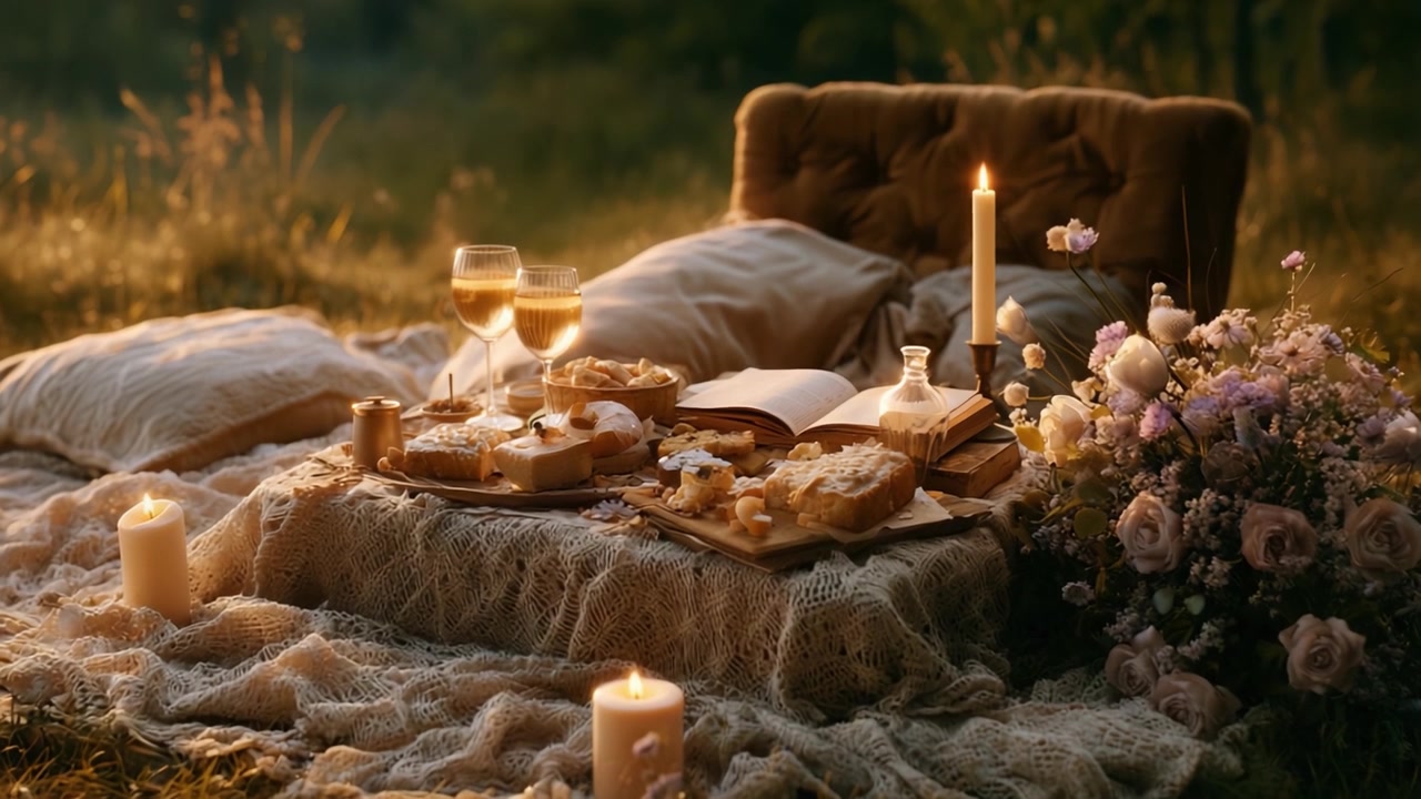 Um cenário romântico de piquenique ao ar livre ao entardecer, com comida deliciosa, bebidas requintadas e iluminação suave de velas, perfeito para uma fuga aconchegante à noite na natureza.