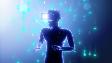 metaverse vr virtual reality game playing, man play metaverse virtual digital world technology game control with vr goggle future digital technology.matrix symbols. loopable.