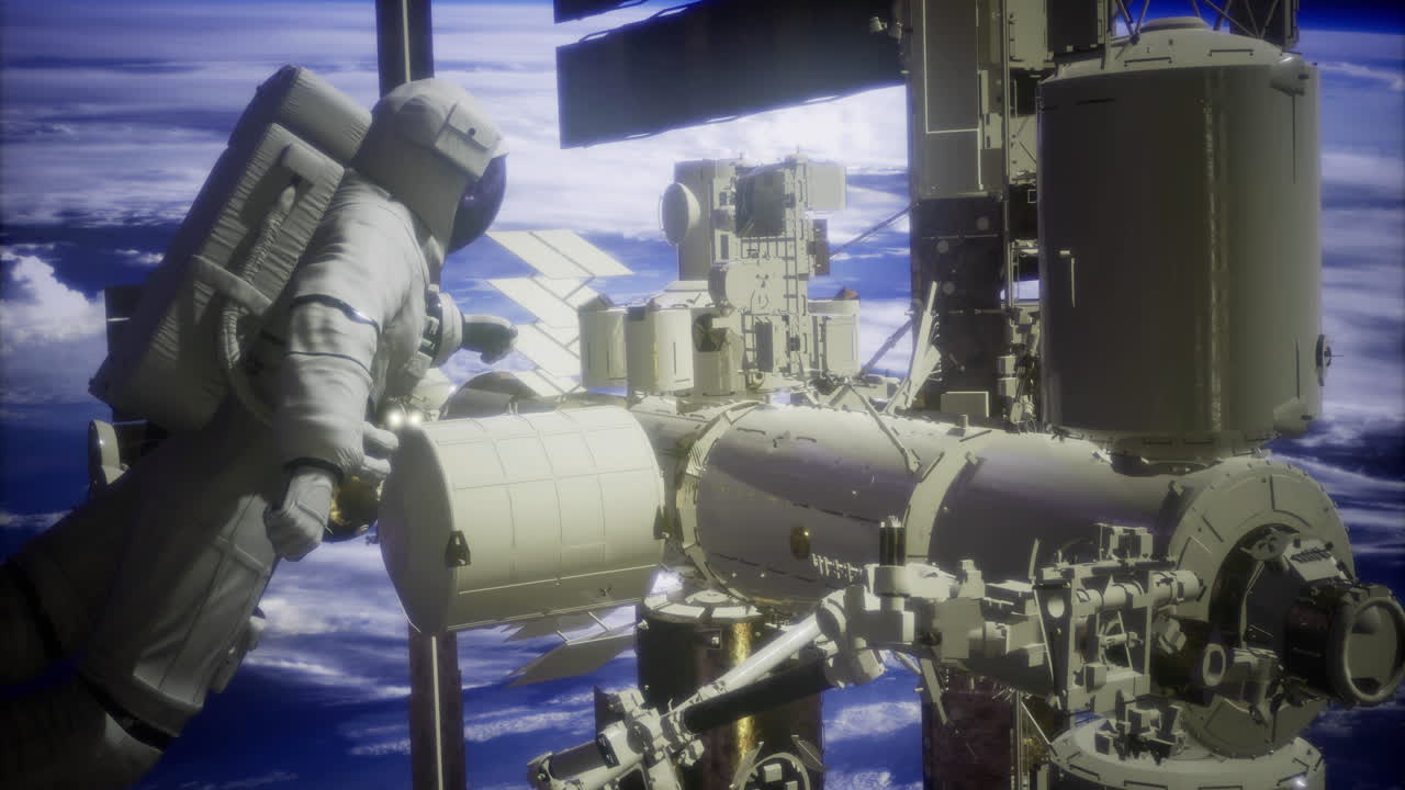 Un astronauta esegue la manutenzione della stazione spaziale internazionale all'esterno