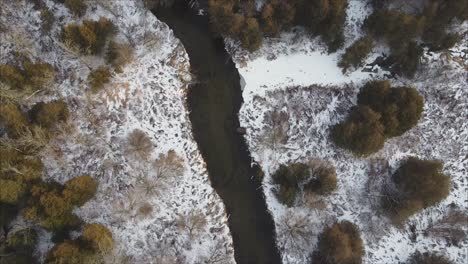 Tiro-De-Dron-Del-Río-Que-Fluye-A-Través-Del-Paisaje-Del-Bosque-De-Invierno,-Hermosos-árboles-De-Coníferas