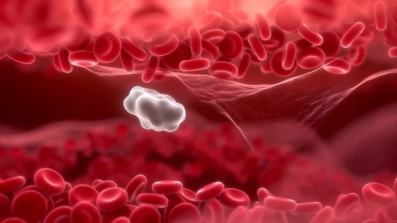 Close-up view inside a blood vessel showing red blood cells streaming past a larger white blood cell, with soft plasma tones, shallow depth of field,