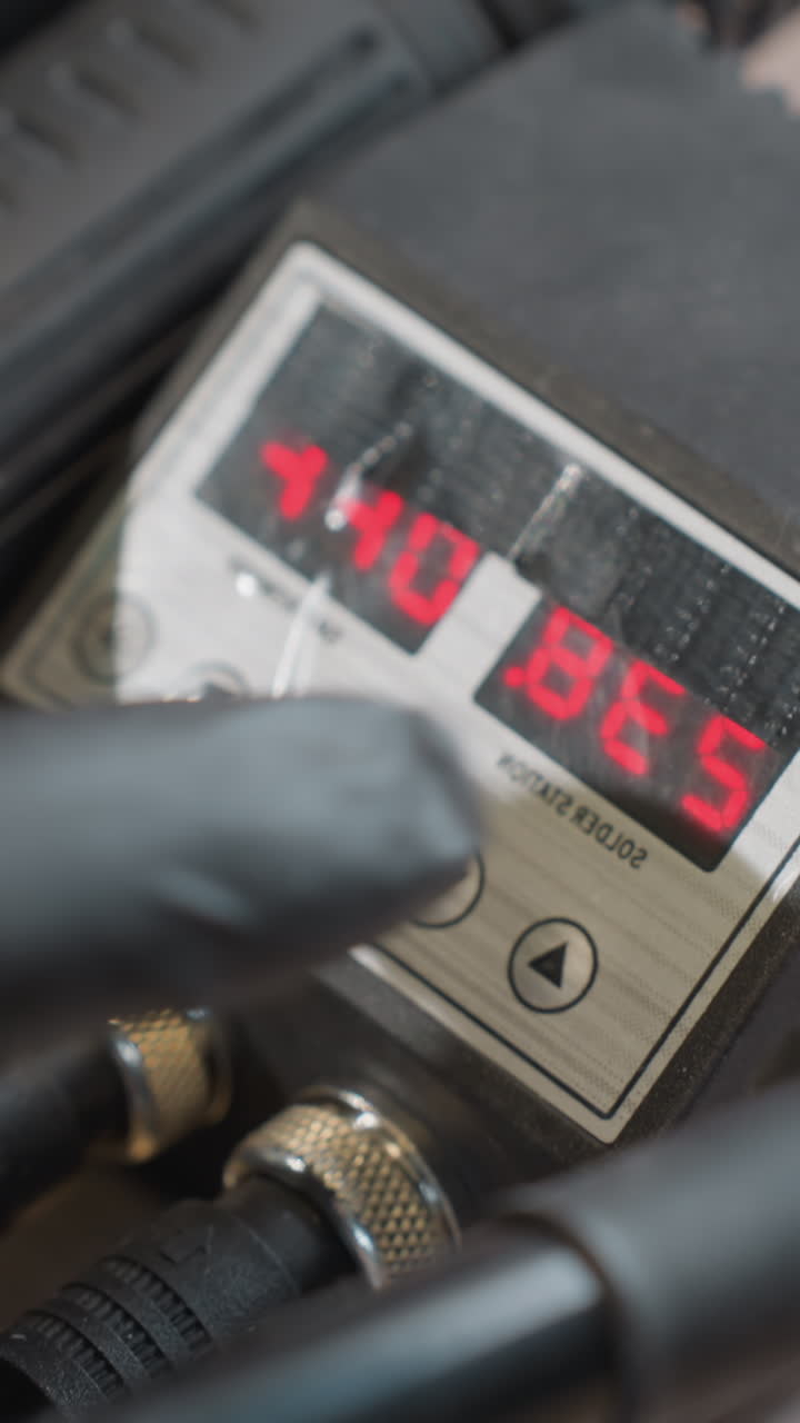 손바닥에 장갑을 입은 손이 솔더링 스테이션에서 디지털 온도 조절을 조정하여 온도를 242도에서 238도로 변경합니다.