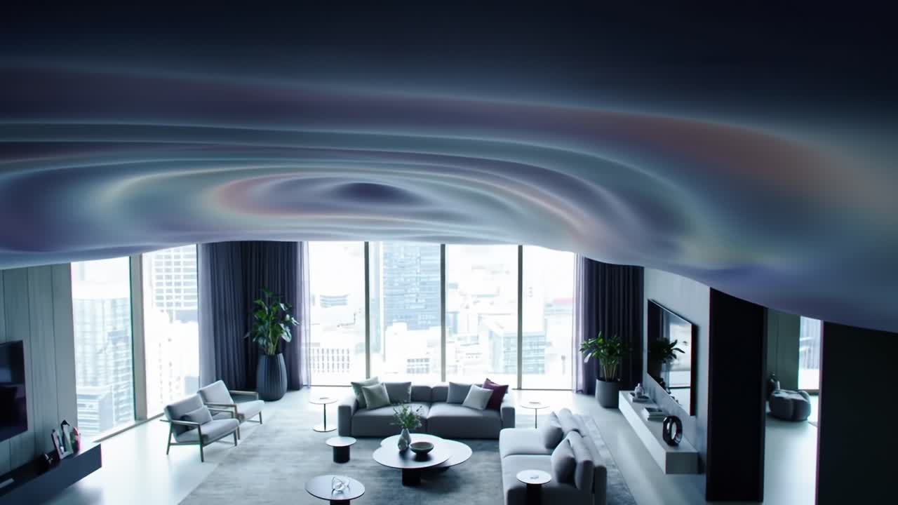 A Stunning Modern Interior Design Showcasing Innovative Architecture and Dramatic Ceiling Elements in a Luxurious Urban Apartment Space