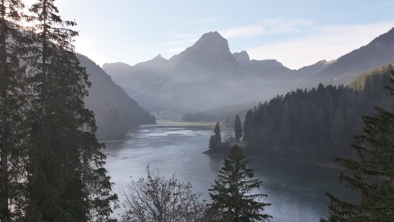Breathtaking image of Lake Obersee in the canton of Glarus, Switzerland. Drone 4K.