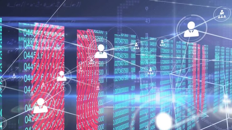 Animation of data processing and blue lights over servers