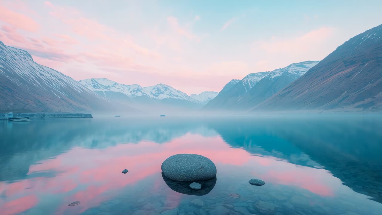 Tilting camera revealing misty alpine lake valley, with smooth grey boulder and pastel dawn clouds